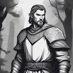 A dark DND illustration in black and white of a 30-year-old medieval retainer