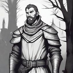 A dark DND illustration in black and white of a 30-year-old medieval retainer