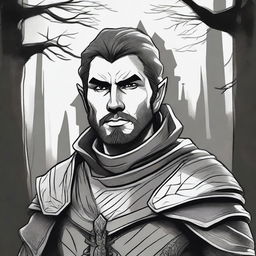 A dark DND illustration in black and white of a 30-year-old medieval retainer