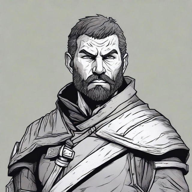 A dark DND illustration in black and white of a 30-year-old medieval militia captain wearing a grizzled expression