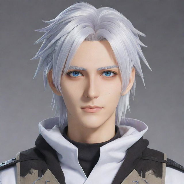 An anime-inspired male character with white hair and enchanting Gojo-like eyes, with a distinctly non-realistic, illustrative style. He has various gaming-themed accessories.