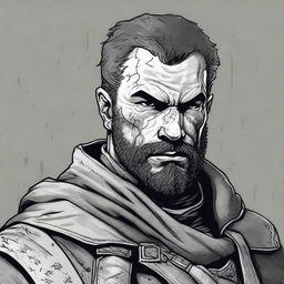 A dark DND illustration in black and white of a 30-year-old medieval militia captain wearing a grizzled expression