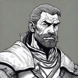 A dark DND illustration in black and white of a 30-year-old medieval militia captain wearing a grizzled expression