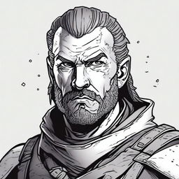 A dark DND illustration in black and white of a 30-year-old medieval militia captain wearing a grizzled expression