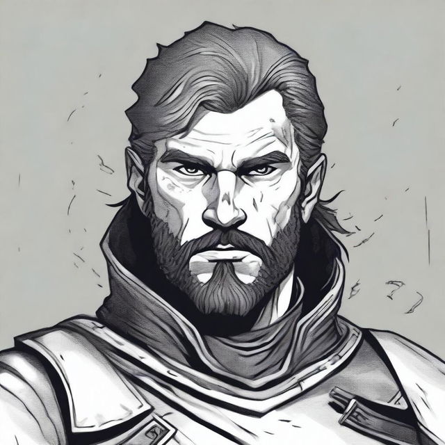 A dark DND illustration in black and white of a 25-year-old medieval militia captain wearing a grizzled expression