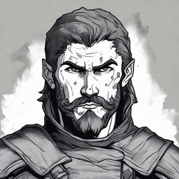 A dark DND illustration in black and white of a 25-year-old medieval militia captain wearing a grizzled expression