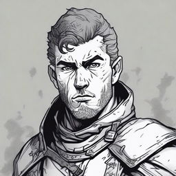 A dark DND illustration in black and white of a 25-year-old medieval militia captain wearing a grizzled expression