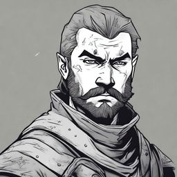 A dark DND illustration in black and white of a 25-year-old medieval militia captain wearing a grizzled expression