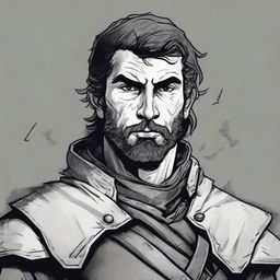 A dark DND illustration in black and white of a 25-year-old medieval captain of the guard wearing a grizzled expression