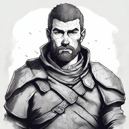 A dark DND illustration in black and white of a 25-year-old medieval captain of the guard wearing a grizzled expression