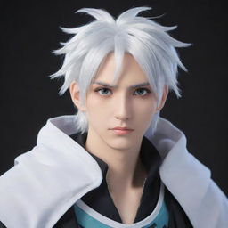 An anime-inspired male character with white hair and enchanting Gojo-like eyes, with a distinctly non-realistic, illustrative style. He has various gaming-themed accessories.