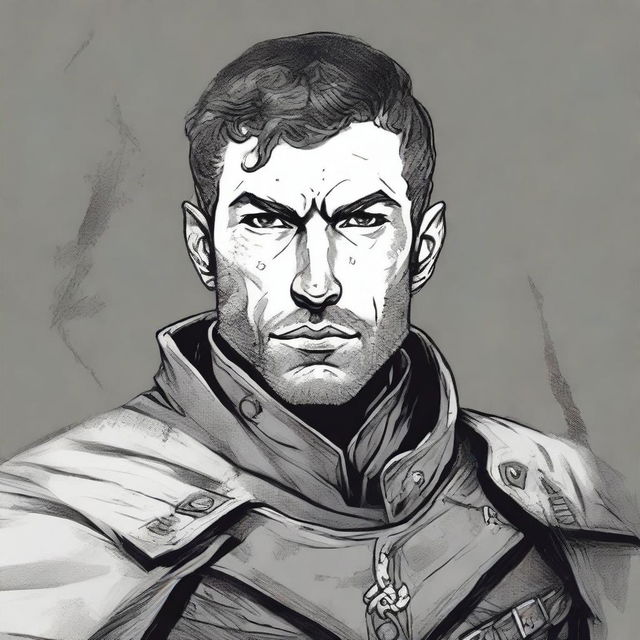 A dark DND illustration in black and white of a 25-year-old medieval captain of the guard wearing a grizzled expression