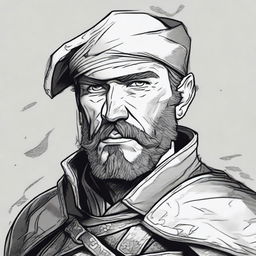 A dark DND illustration in black and white of a 30-year-old medieval captain of the guard wearing a grizzled expression