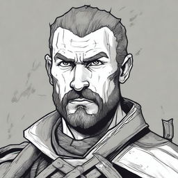 A dark DND illustration in black and white of a 30-year-old medieval captain of the guard wearing a grizzled expression