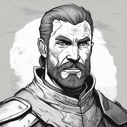 A dark DND illustration in black and white of a 30-year-old medieval captain of the guard wearing a grizzled expression