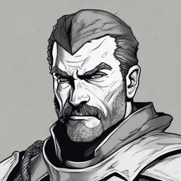 A dark DND illustration in black and white of a 30-year-old medieval captain of the guard wearing a grizzled expression