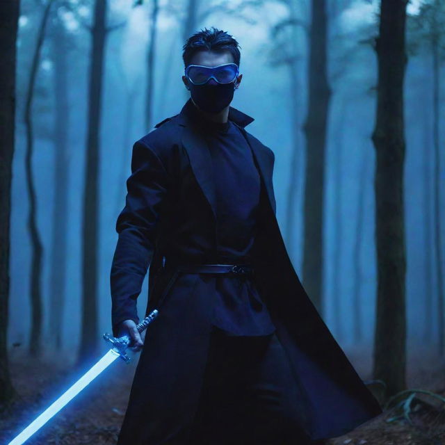 Anime-styled image of a masked man with blue glasses and a sword, dramatically posed in a forest bathed in mysterious bluish light