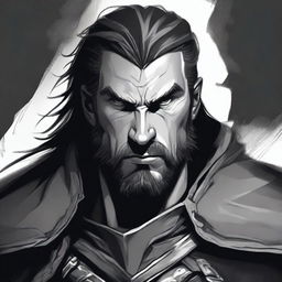 A dark DND illustration of a 30-year-old warrior king, wearing a grizzled and powerful expression