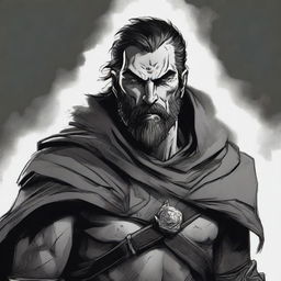 A dark DND illustration of a 30-year-old warrior king, wearing a grizzled and powerful expression