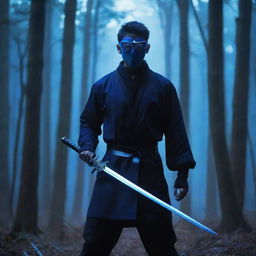 Anime-styled image of a masked man with blue glasses and a sword, dramatically posed in a forest bathed in mysterious bluish light