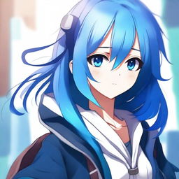 Create a digital art piece featuring a blue-haired anime girl