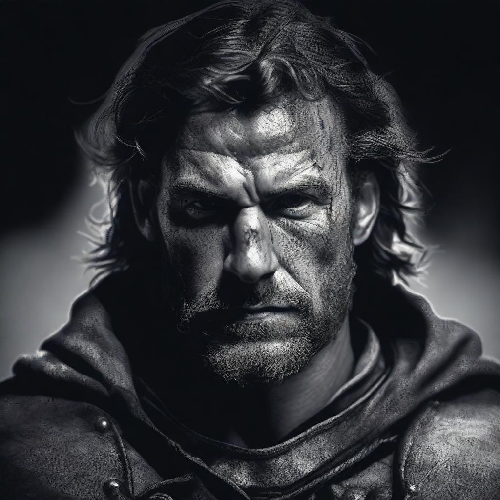 A dark illustration of a 30-year-old medieval warrior king, wearing a grizzled expression