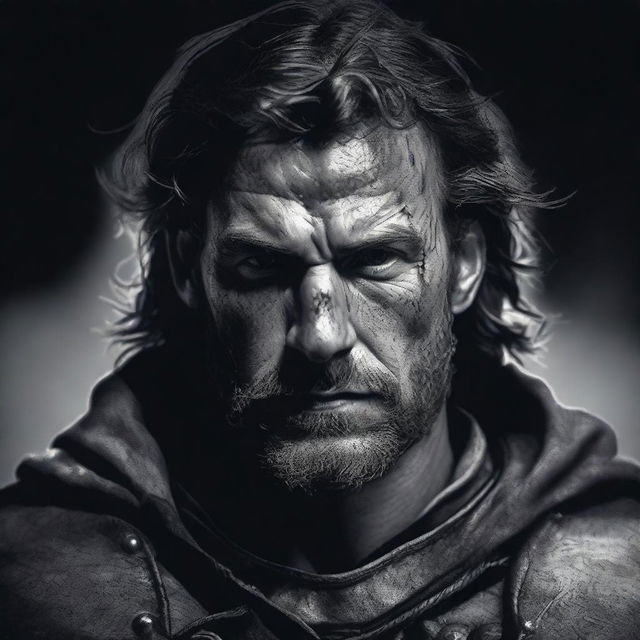 A dark illustration of a 30-year-old medieval warrior king, wearing a grizzled expression