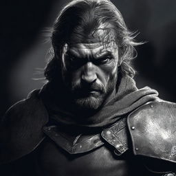 A dark illustration of a 30-year-old medieval warrior king, wearing a grizzled expression