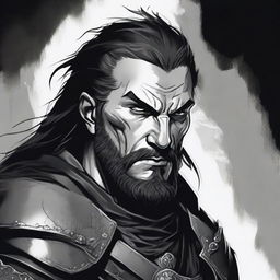 A dark DND illustration of a 30-year-old medieval warrior king, wearing a grizzled expression