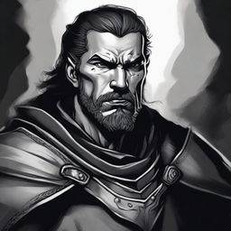 A dark DND illustration of a 30-year-old medieval warrior king, wearing a grizzled expression