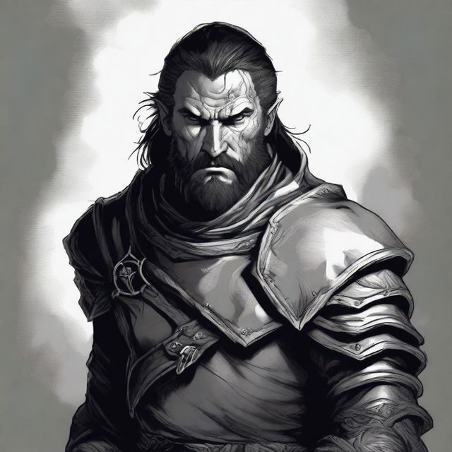 A dark DND illustration of a 30-year-old medieval warrior king, wearing a grizzled expression