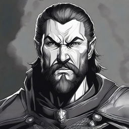 A dark DND illustration of a 30-year-old medieval warrior king, wearing a grizzled expression