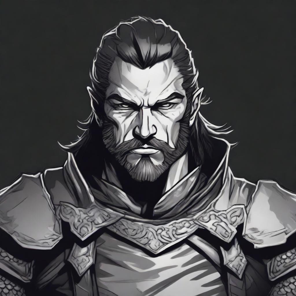 A dark DND illustration of a 30-year-old medieval warrior king, wearing a grizzled expression