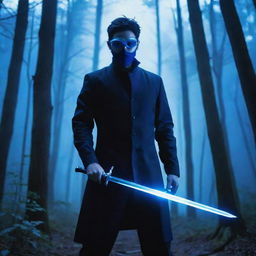 Anime-styled image of a masked man with blue glasses and a sword, dramatically posed in a forest bathed in mysterious bluish light