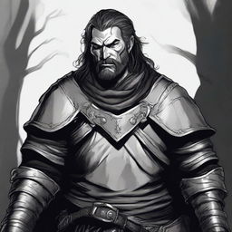 A dark DND illustration of a 30-year-old medieval warrior king, wearing a grizzled expression