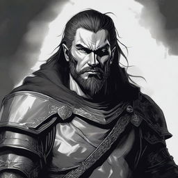 A dark DND illustration of a 30-year-old medieval warrior king, wearing a grizzled expression