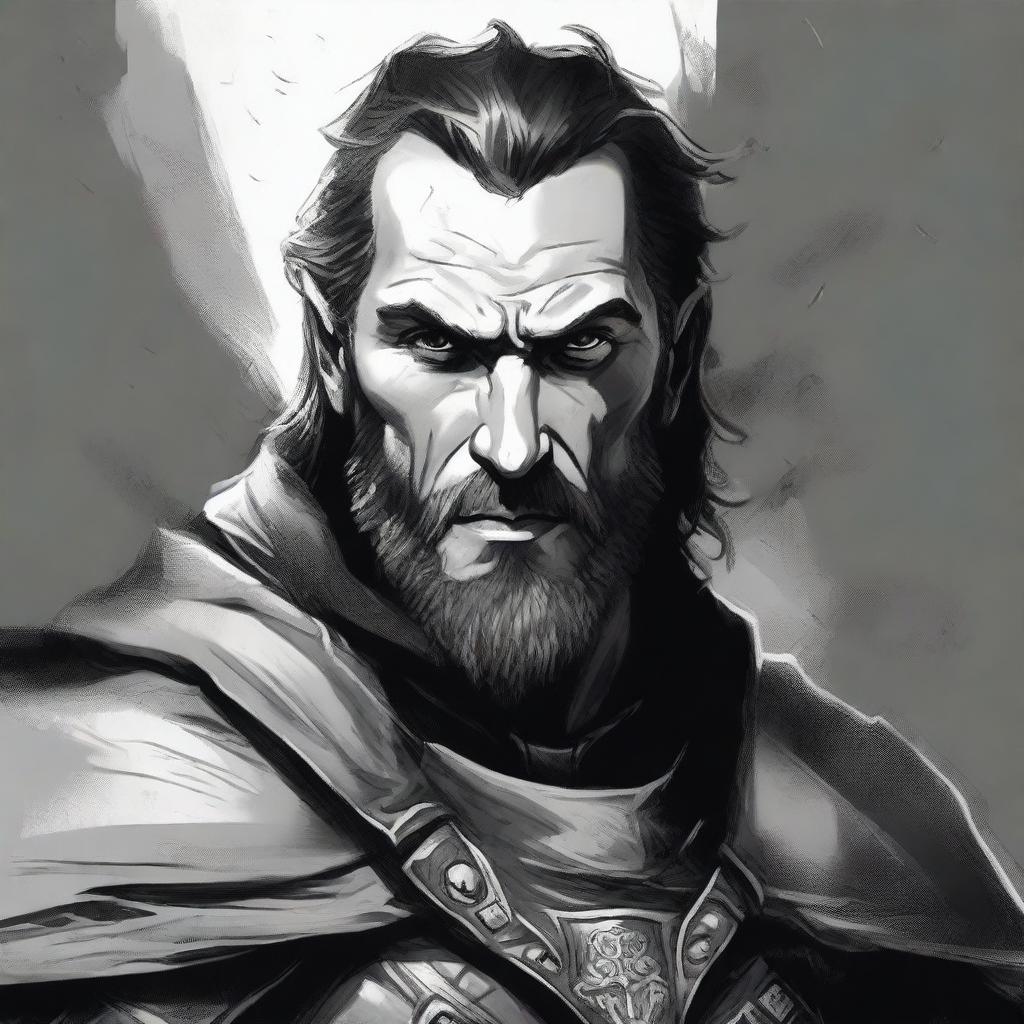 A dark DND illustration of a 30-year-old medieval warrior king, wearing a grizzled expression