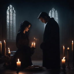 A dark romance scene featuring two mysterious characters in an eerie, gothic setting