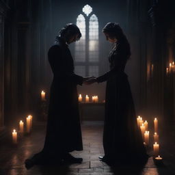 A dark romance scene featuring two mysterious characters in an eerie, gothic setting