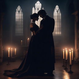 A dark romance scene featuring two mysterious characters in an eerie, gothic setting