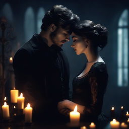 A dark romance scene featuring two mysterious characters in an eerie, gothic setting