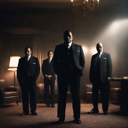 A group of mafia men in sharp suits, standing in a dimly lit room with an air of danger and authority