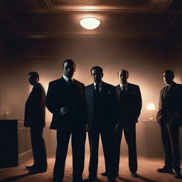 A group of mafia men in sharp suits, standing in a dimly lit room with an air of danger and authority