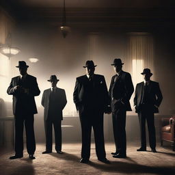 A group of mafia men in sharp suits, standing in a dimly lit room with an air of danger and authority