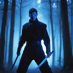 Anime-styled image of a masked man with blue glasses and a sword, dramatically posed in a forest bathed in mysterious bluish light