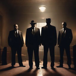 A group of mafia men in sharp suits, standing in a dimly lit room with an air of danger and authority