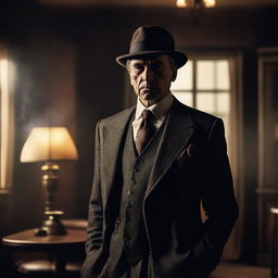 A mafia man in a sharp suit, standing confidently in a dimly lit room