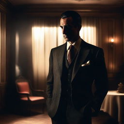 A mafia man in a sharp suit, standing confidently in a dimly lit room