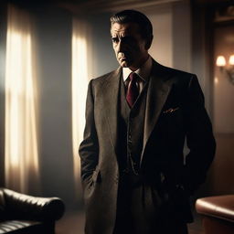 A mafia man in a sharp suit, standing confidently in a dimly lit room