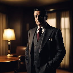 A mafia man in a sharp suit, standing confidently in a dimly lit room